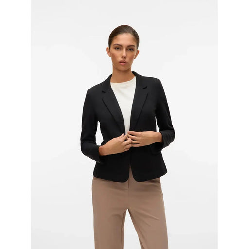 Vero Moda Schwarzer Damenblazer aus Baumwolle mit V-Ausschnitt, elegantem, tailliertem Schnitt und dezentem Glanz