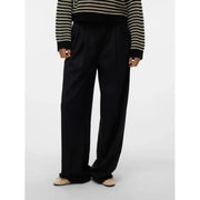 Black wide-leg zip trousers for women by Vero Moda in smooth tailored polyester viscose with subtle waist pleats