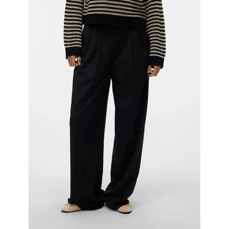 Black wide-leg zip trousers for women by Vero Moda in smooth tailored polyester viscose with subtle waist pleats