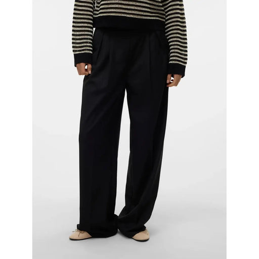 Black wide-leg zip trousers for women by Vero Moda in smooth tailored polyester viscose with subtle waist pleats