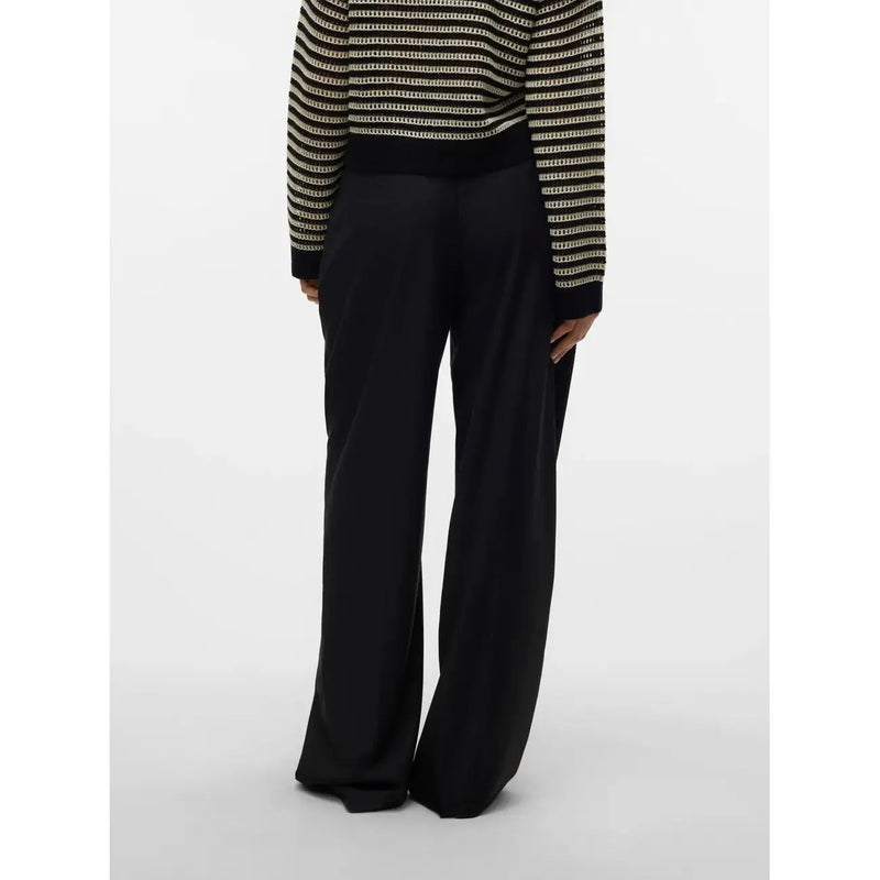Vero moda women black wide-leg zip trousers made of smooth polyester viscose with a clean, straight-cut silhouette