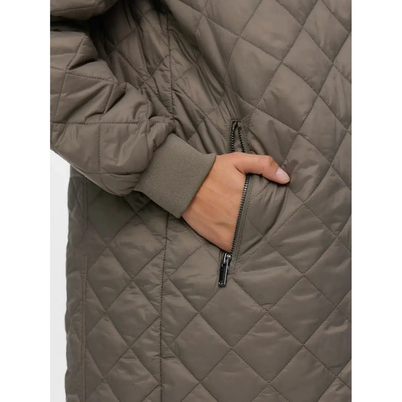 Vero Moda Damen-Kapuzenjacke in Grau aus Polyamid-Polyester mit gestepptem, olivgrünem Rautenmuster und gerippten Bündchen
