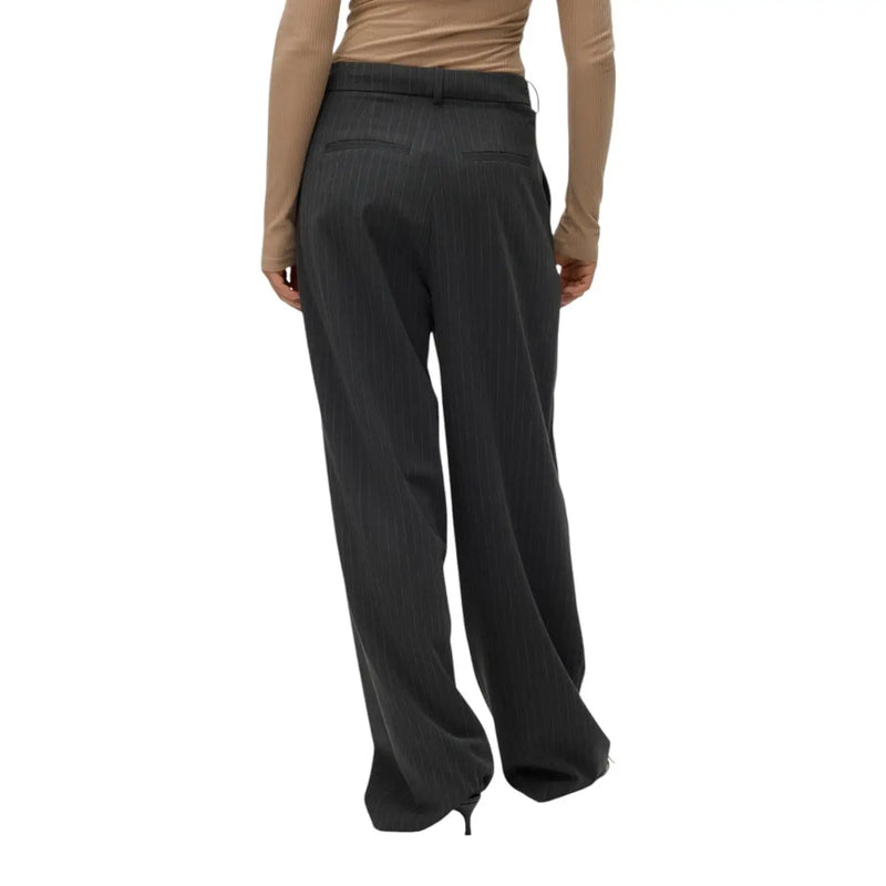 Black pinstripe wide-leg trousers with tailored waistband and subtle front pockets in viscose blend by vero moda