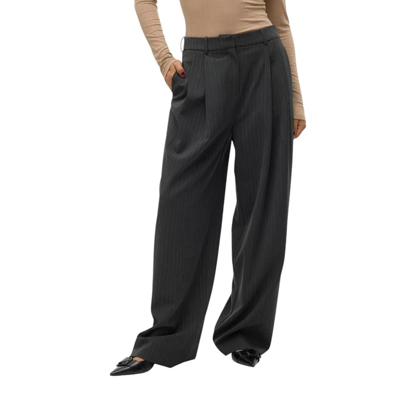 Vero Moda women grey pinstripe trousers viscose blend featuring black wide-leg high waist with subtle vertical stripes