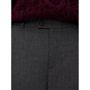 Vero moda women grey trousers are dark gray wool blend with a subtle textured weave and a single black button waistband