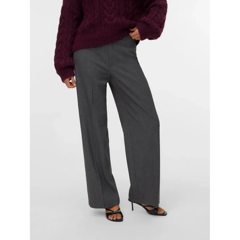 Vero Moda women grey trousers with zip button regular fit in dark gray tailored wide-leg fabric with clean creases