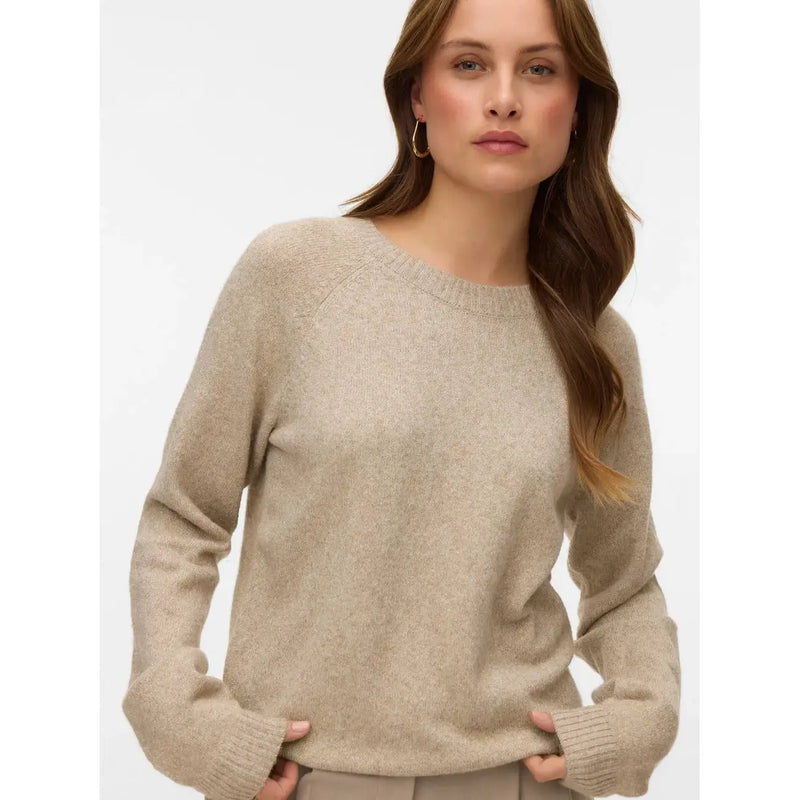 Vero moda Damen-Strickpullover in Beige mit Rundhalsausschnitt, weichem, strukturiertem Stoff und gerippten Bündchen