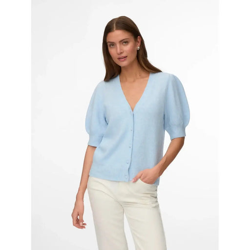 Vero Moda Hellblaue Damen-Strickjacke mit V-Ausschnitt aus weichem Polyesterstrick mit Puffärmeln und strukturiertem Stoff