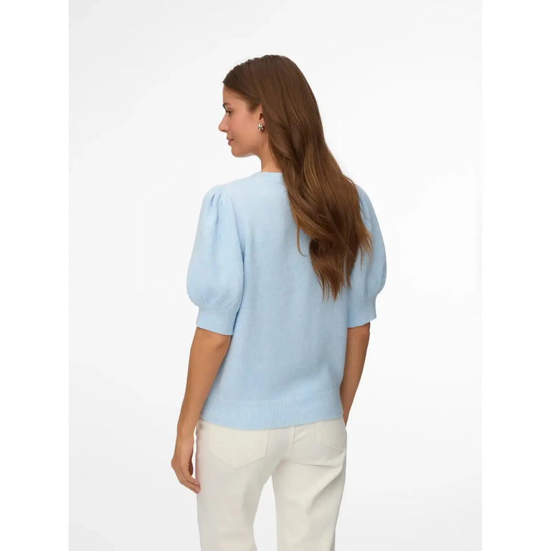 Vero Moda women light blue knit top with puffed sleeves and rounded neckline in soft polyester fabric