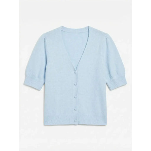 Hellblaue, kurzärmelige Strickjacke mit V-Ausschnitt und Knopfverschluss aus Polyester von Vero Moda Frauen