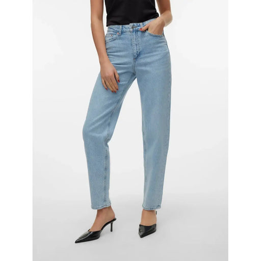Vero moda women light blue cotton denim jeans in light-wash with high-rise straight-leg and classic five-pocket design