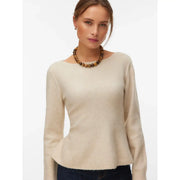 Vero Moda Pull rose en maille texturée à col rond en polyester pour femme, manches longues beiges, ourlet péplum.