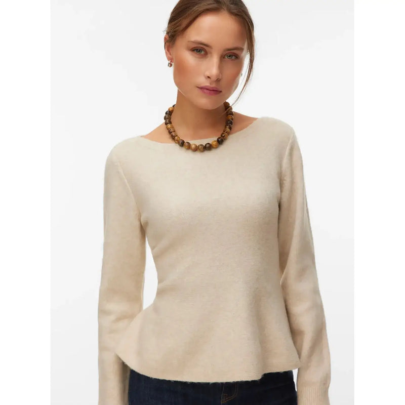 Vero Moda Pull rose en maille texturée à col rond en polyester pour femme, manches longues beiges, ourlet péplum.