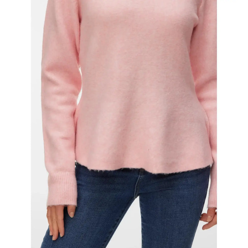 Vero Moda Pull rose en maille pour femme, col rond, manches longues, en polyester, poignets côtelés et ourlet effiloché