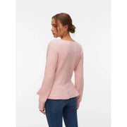 Vero moda Pull rose en maille pour femme, col rond, manches longues, poignets évasés, en polyester doux.