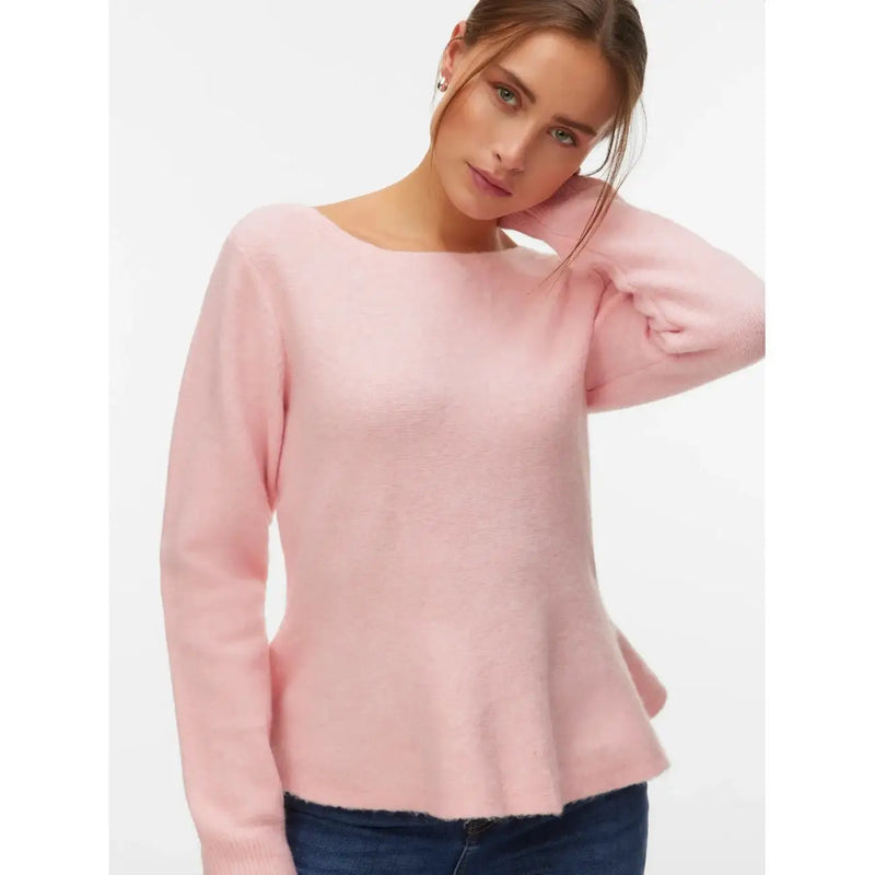 Vero Moda Pull rose en maille polyester pour femme, col bateau, manches longues et ourlet péplum