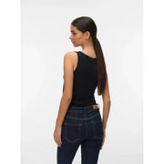 Vero Moda women tank top black sleeveless lyocell round neck with fitted silhouette and subtle ruching at the back view