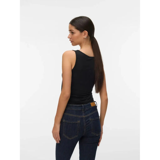 Vero Moda women tank top black sleeveless lyocell round neck with fitted silhouette and subtle ruching at the back view