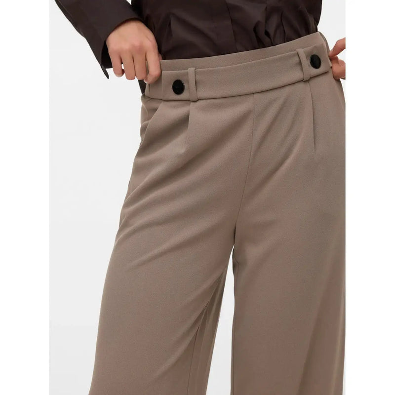 Vero Moda women beige high-waisted polyester trousers with structured waistband and black button closures
