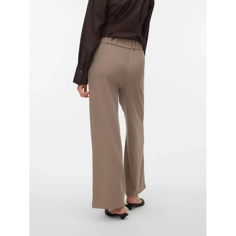 Vero moda women beige wide-leg polyester trousers with smooth tailored fabric and elastic waistband slip on design