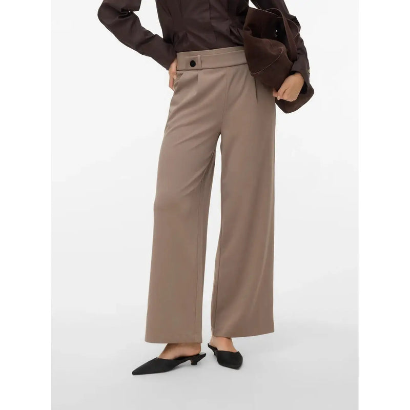 Vero Moda women beige wide-leg slip-on polyester trousers with high waist and belt loops in sleek fabric finish