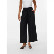 Black high-waisted wide-leg trousers with tied waistband made of viscose blend for women by Vero Moda