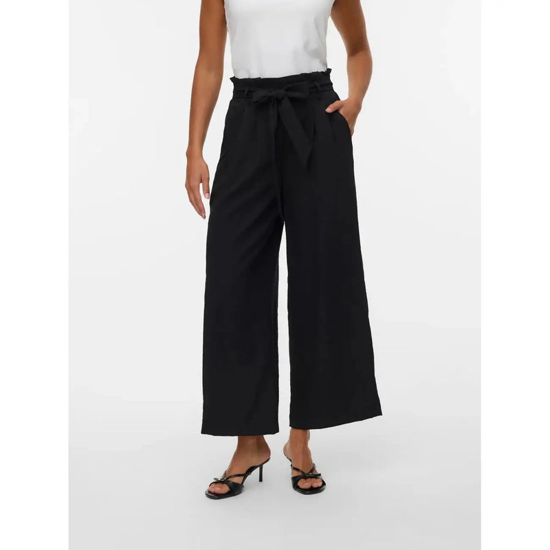 Black high-waisted wide-leg trousers with tied waistband made of viscose blend for women by Vero Moda