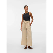 Vero Moda women beige high-waisted wide-leg trousers with self-tie belt slip on viscose blend material