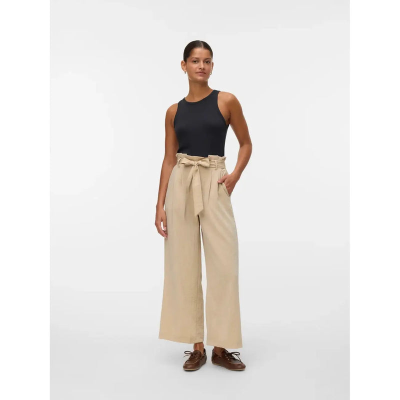 Vero Moda women beige high-waisted wide-leg trousers with self-tie belt slip on viscose blend material