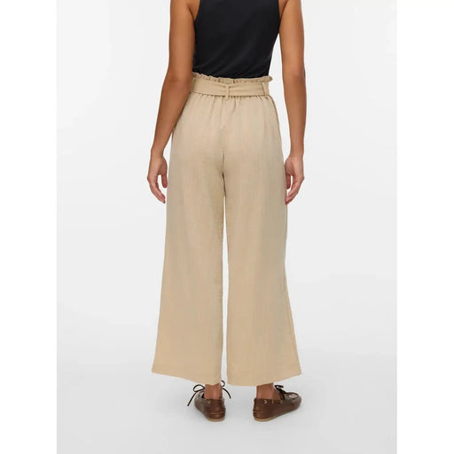 Vero Moda women beige high-waisted wide-leg trousers with ruched waistband in viscose blend slip on design