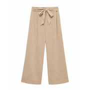 Vero moda women beige wide-leg trousers with self-tie belt in viscose blend slip on design