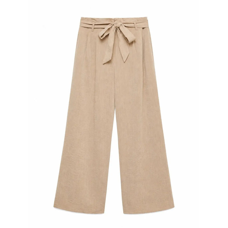 Vero moda women beige wide-leg trousers with self-tie belt in viscose blend slip on design