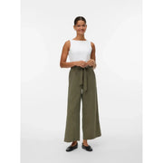Vero moda women trousers beige slip on viscose blend with olive green high-waisted wide-leg fabric tie belt