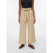 Beige high-waisted wide-leg trousers with self-tie belt slip on made of viscose blend by Vero Moda women