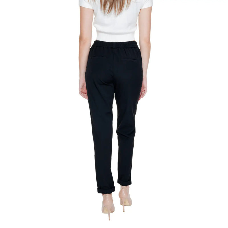 Vero moda women black tailored trousers with elastic waistband rolled cuffs and plain front pockets