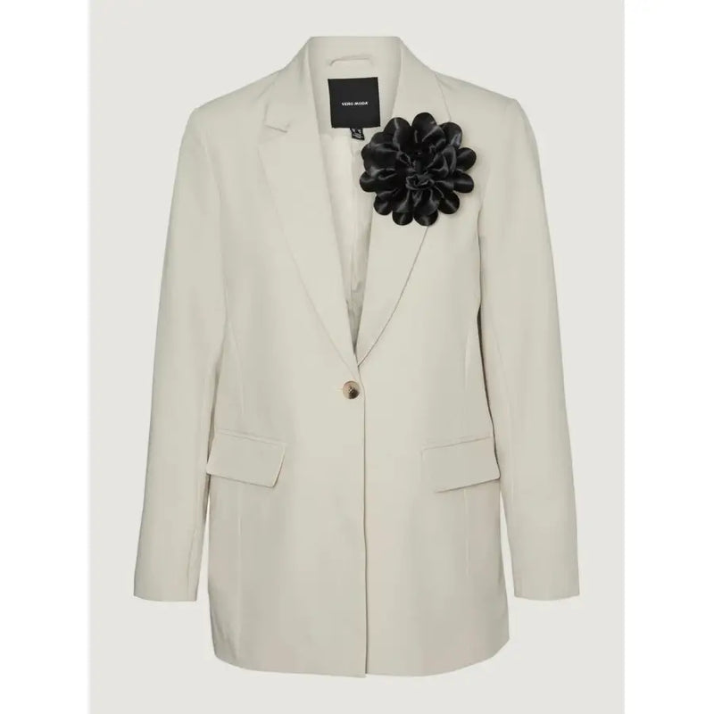 Vero Moda women’s beige cream-colored blazer with single button closure front pockets and black satin flower brooch