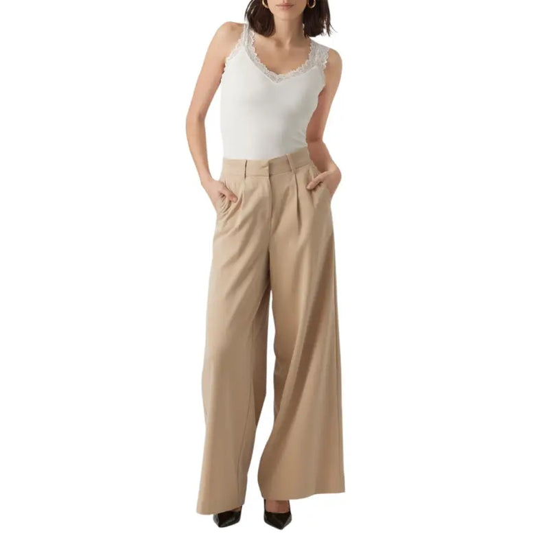 Beige wide-leg trousers with high waist and pleated front paired with vero moda white v-neck crop top