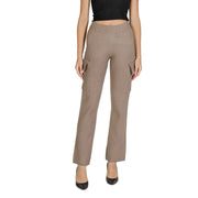 Beige vila viscose blend cargo trousers with high waist flared legs and side pockets shown from the front