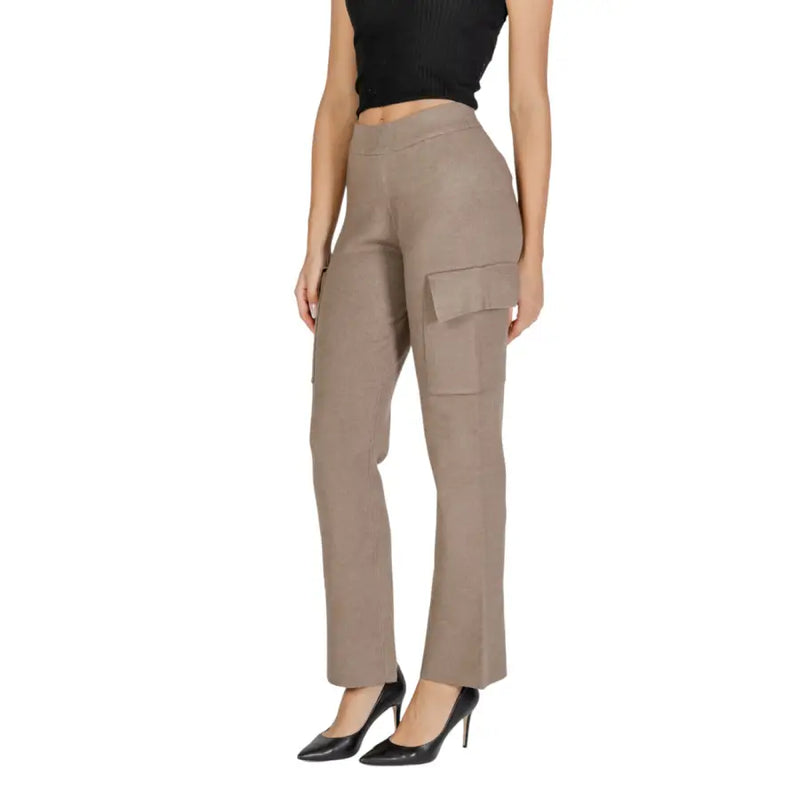 Vila beige viscose blend high-waisted cargo trousers with straight-leg cut and large flap side pockets