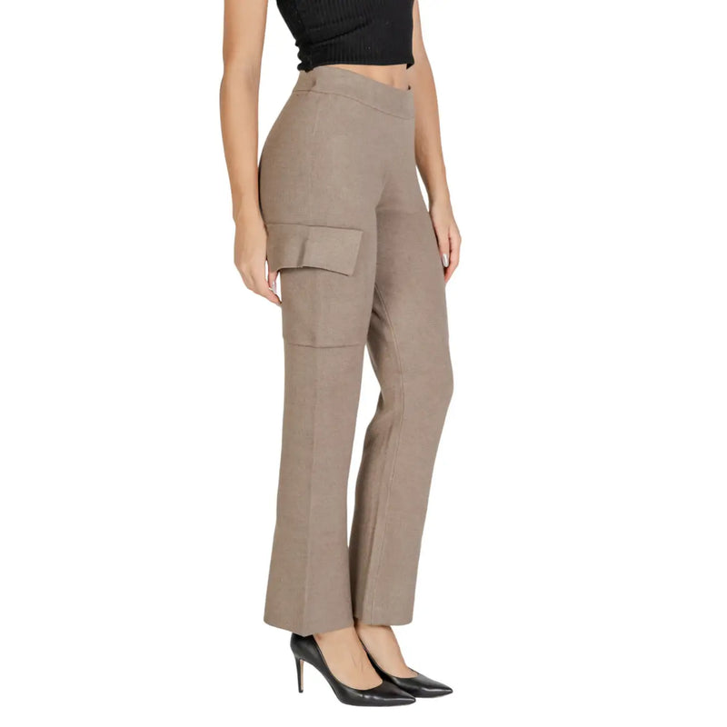 Beige high-waisted vila viscose blend trousers with flared leg and flap side pockets