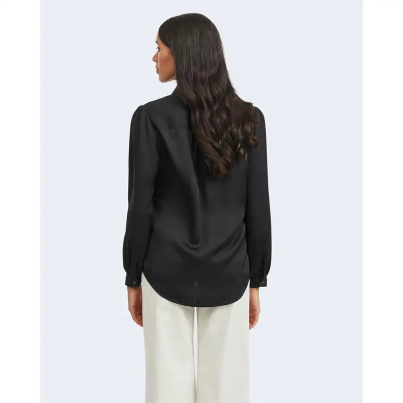 Vila black satin blouse with long sleeves high neckline polyester fabric and button detail for formal wear