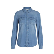 Vila light blue denim long sleeve shirt with classic collar and front pockets