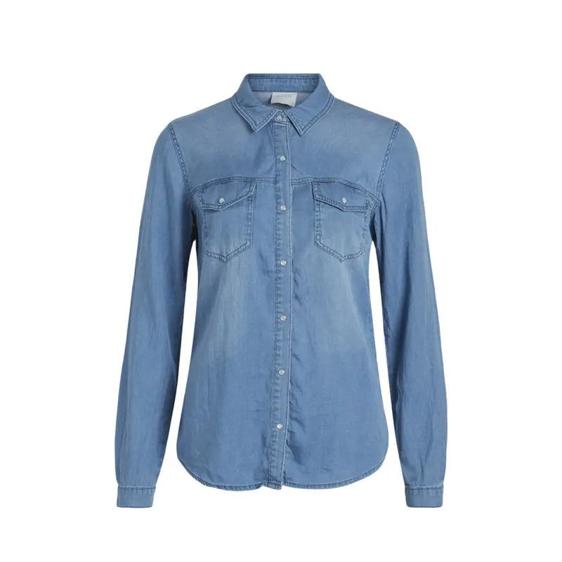 Vila light blue denim long sleeve shirt with classic collar and front pockets