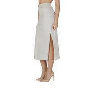 Vila Clothes beige cotton blend high-waisted light gray denim midi skirt