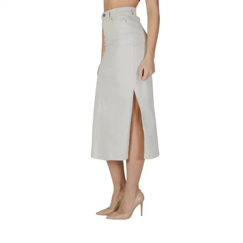 Vila Clothes beige cotton blend high-waisted light gray denim midi skirt