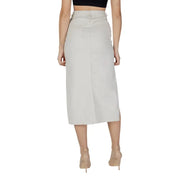 A sleek light gray high-waisted midi skirt with straight cut and front slit from vila clothes beige cotton blend collection