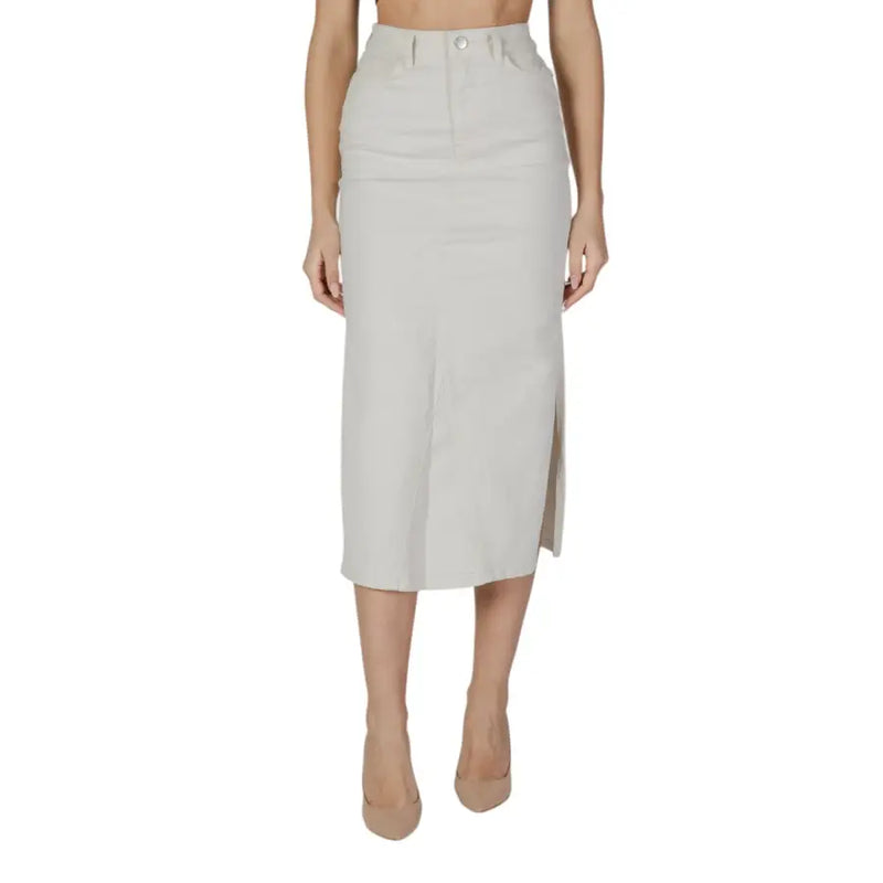 A sleek light gray vila clothes pencil skirt for women made of cotton blend with front slit and button closure