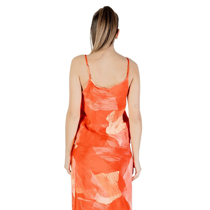 Vila Clothes women tank top orange viscose blend with v neck flowing dress and bold abstract brushstroke pattern