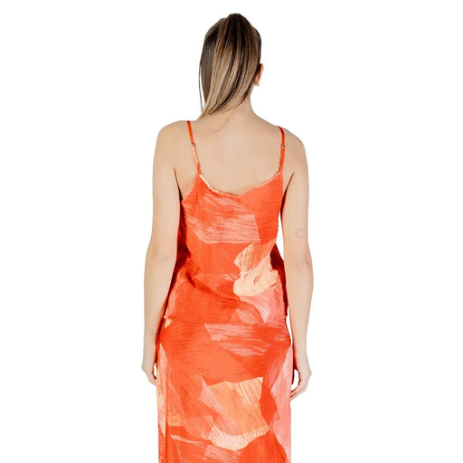 Vila Clothes women tank top orange viscose blend with v neck flowing dress and bold abstract brushstroke pattern