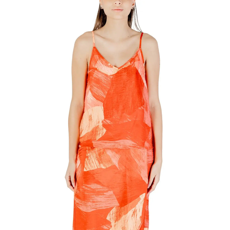 A vila clothes women tank top in orange with v neck viscose blend featuring an abstract brushstroke slip dress design
